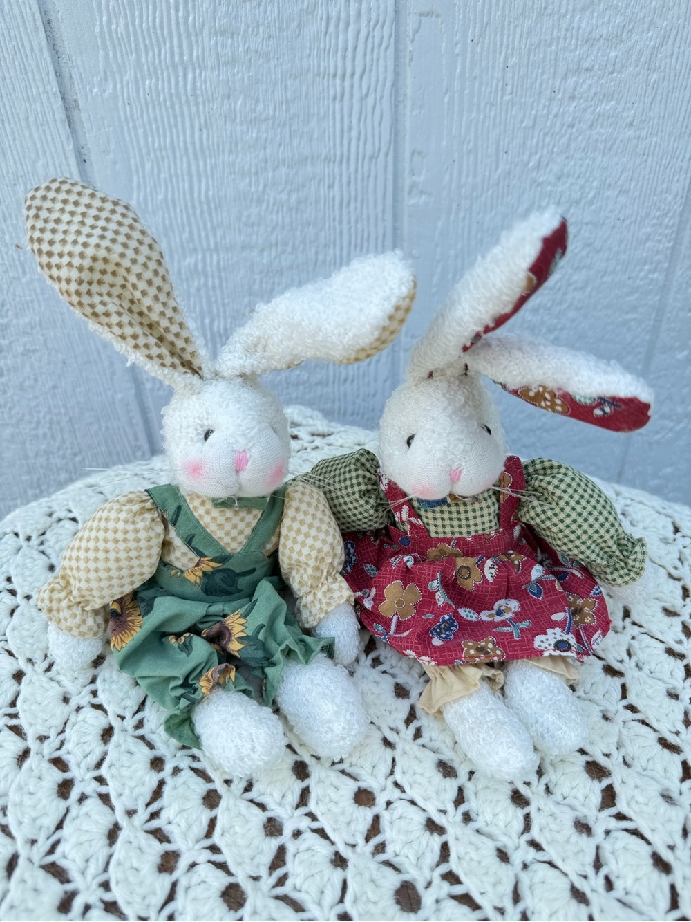 Handcrafted Plush Bunny Pair in Green and Red Dresses vintage